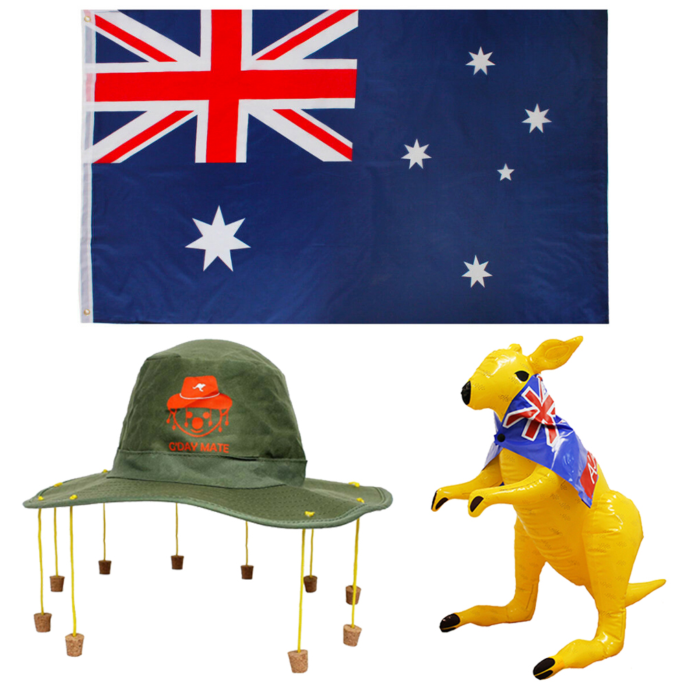 AUSTRALIA SET 3 PIECE FLAG HAT KANGAROO INFLATABLE AUSSIE DAY FANCY ...