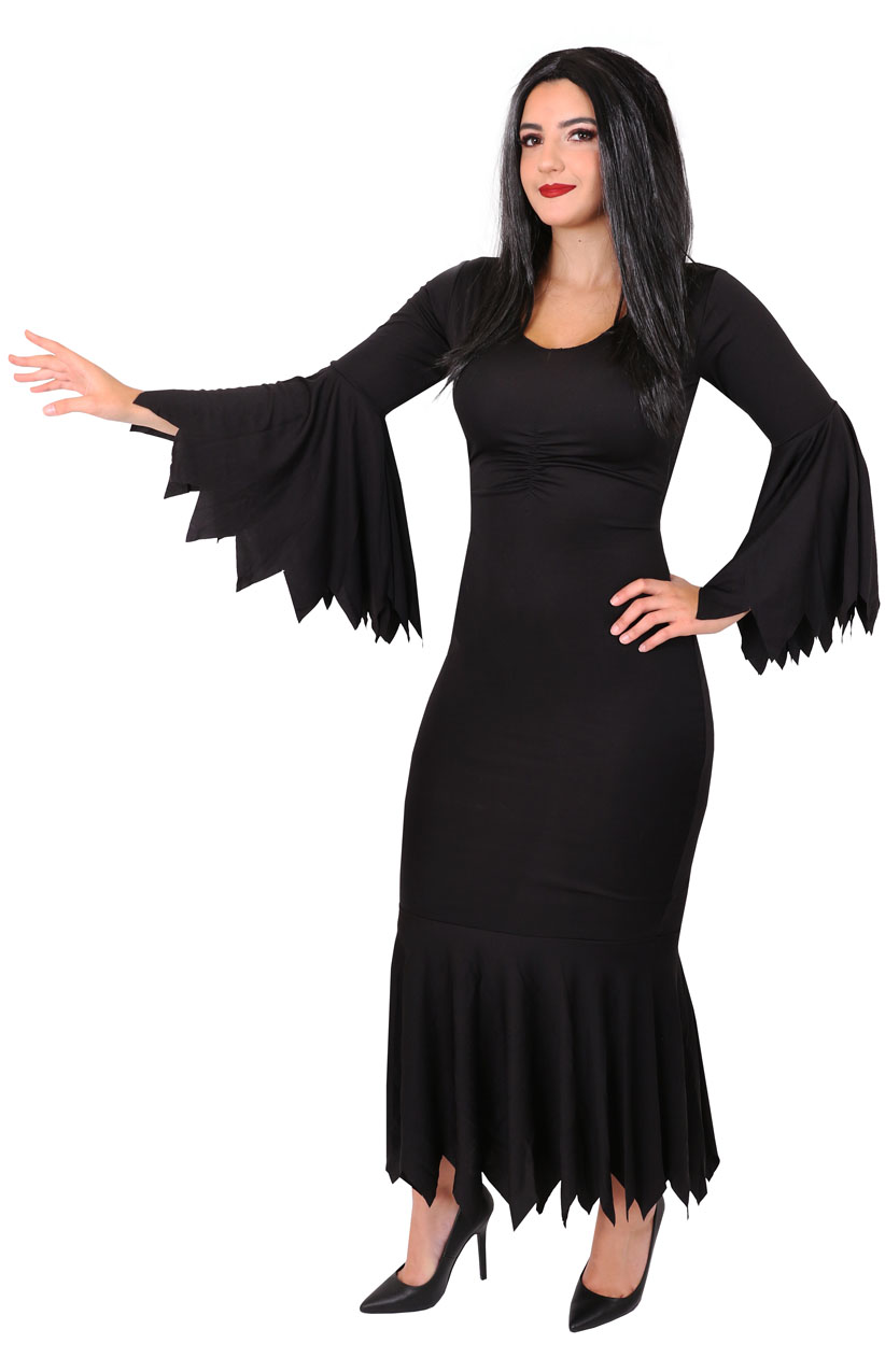 COUPLES GOTHIC CHARACTER COSTUME WOMENS BLACK DRESS MENS STRIPED SUIT  HALLOWEEN | eBay