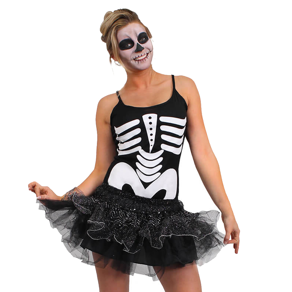 LADIES SKELETON TUTU COSTUME HALLOWEEN FANCY DRESS PLUS BONE PRINT TIGHTS