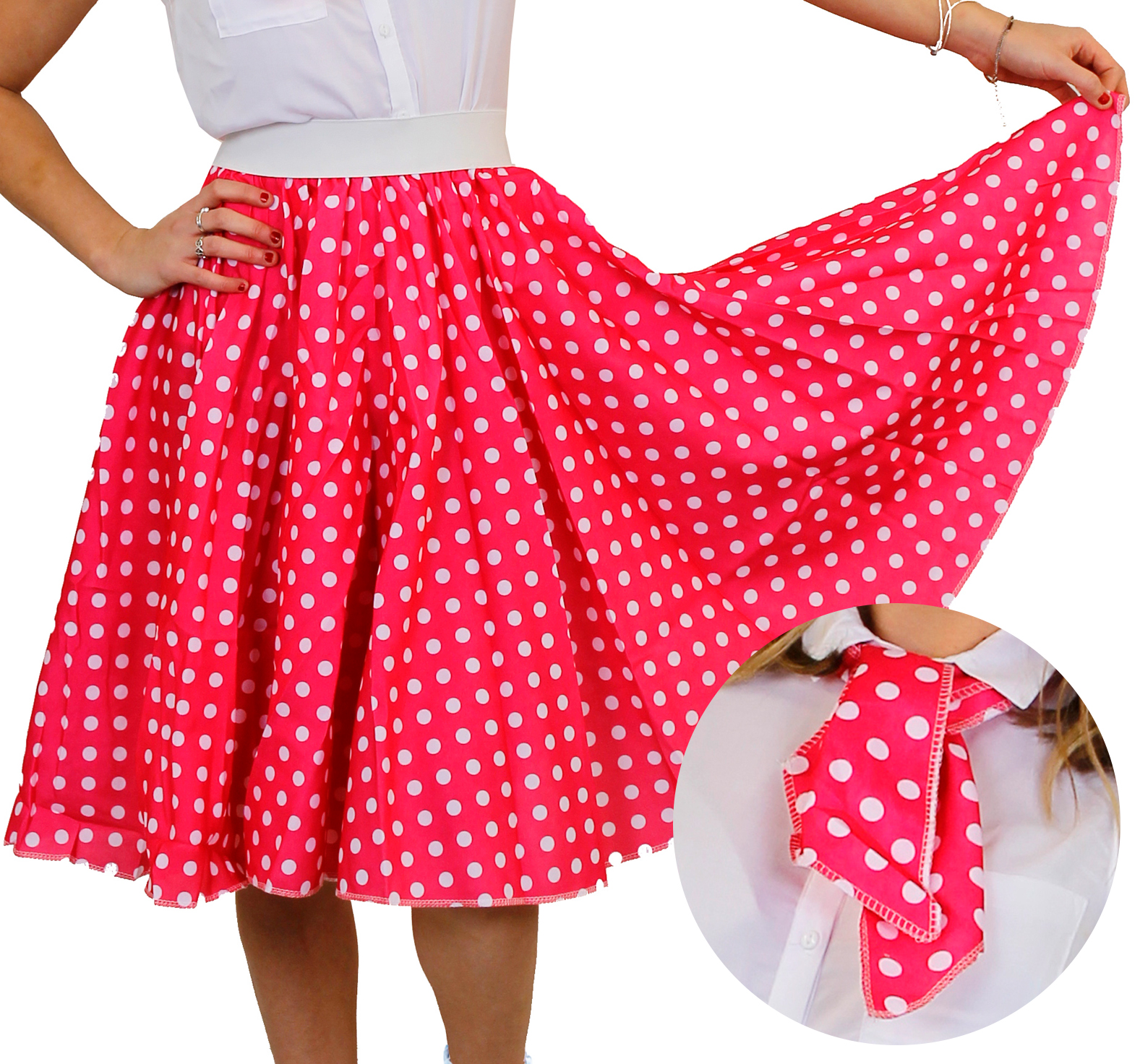 Pink Polka Dot Skirt With White Spots And Scarf 1950s Rock And Roll 4566