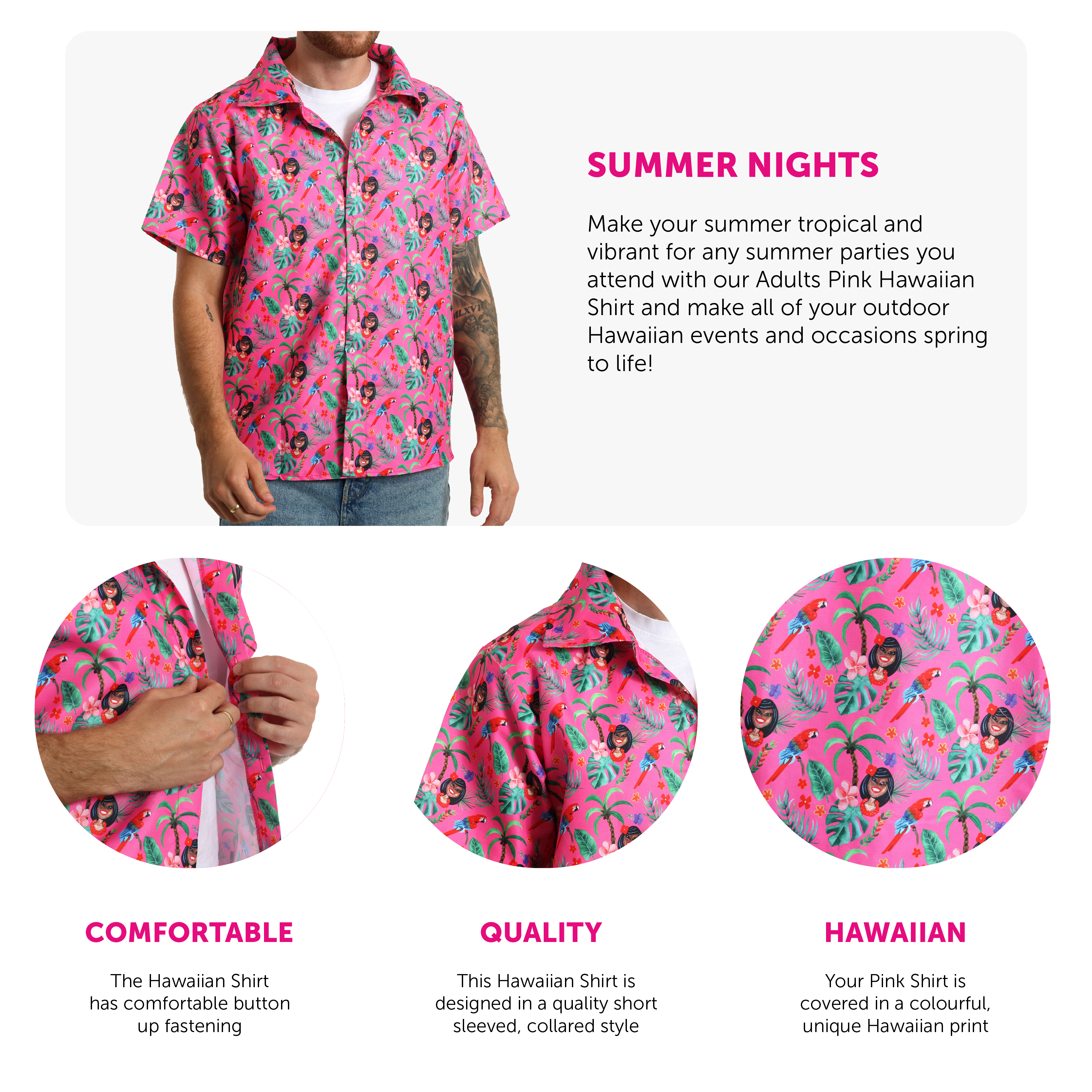 UNISEX PINK HAWAIIAN SHIRT MENS WOMENS BEACH PARTY STAG DO HOLIDAY