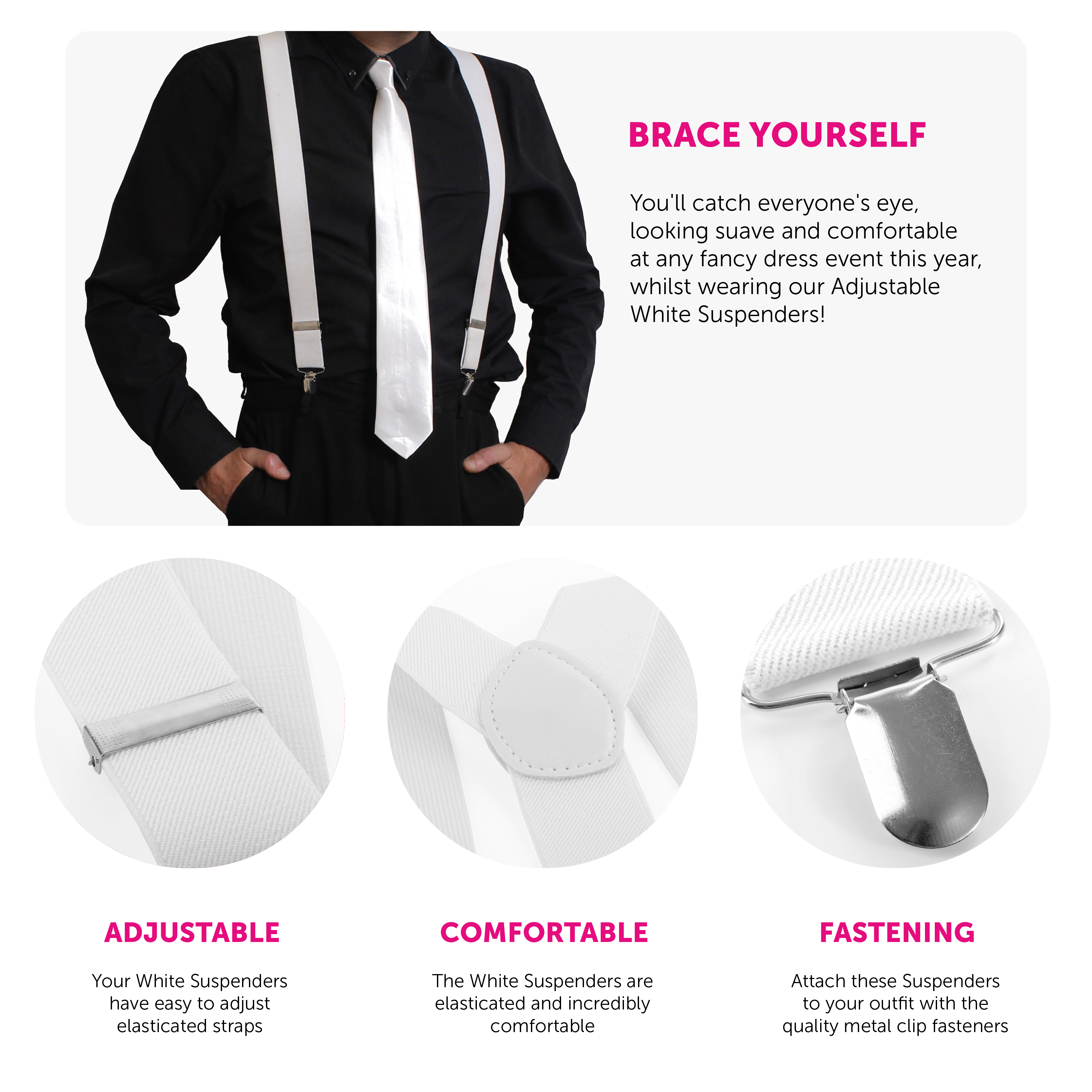 Luxury Divas White 1.5 Wide Stretch Clip On Braces Suspenders at   Men's Clothing store: Apparel Suspenders